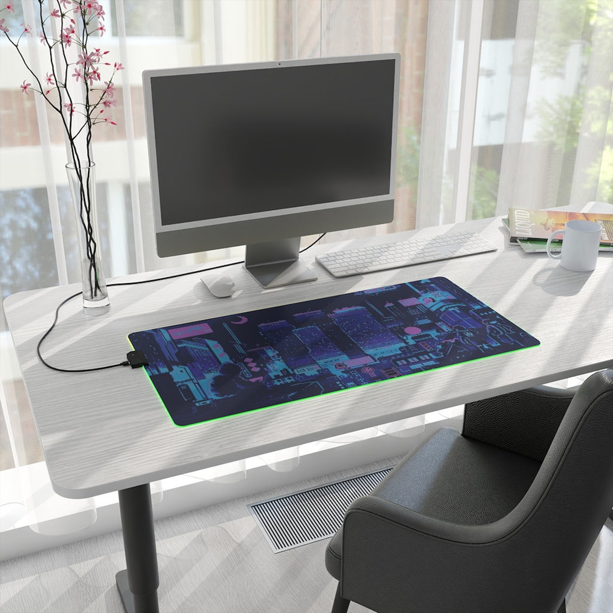 Sewn Edges Blue Vaporwave LED desk mat, Lo-FI Gaming Mouse Pad