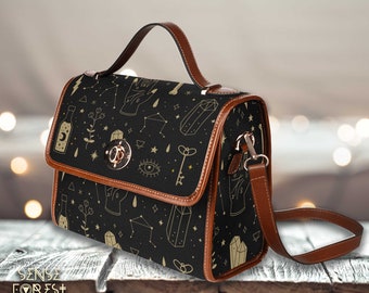 Cottagecore mystieke heks Canvas Satchel tas, Leuke vrouwen gekruiste lichaamstas, schattige veganistische leren riem handtas goth tas, hippies boho cadeau