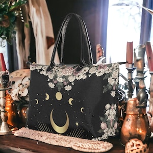 Pale rose Crescent Moon phase Forest Witch handbag, Witchy boho zip tote , Pagan Witch Occult aesthetic art bag with vegan leather handles