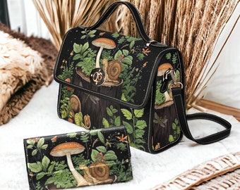 Cottagecore witch snail forest Canvas Satchel bag, Goblincore crossbody purse, vegan leather strap handbag goth bag, hippies mystical gift