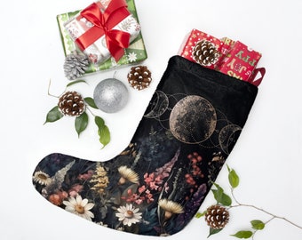 Dark Cottagecore Wildflowers moon phase Pagan Christmas Stocking, Wicca witch nature lover Christmas decor