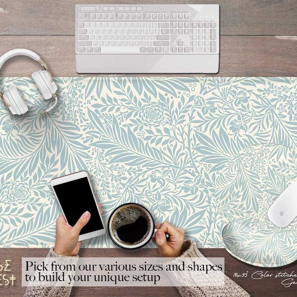 Vintage Teal blue Floral Desk Mats, Turquoise boho botanical desk mat, extra large desk pad mousepad, gaming mat, boho cute chic decor