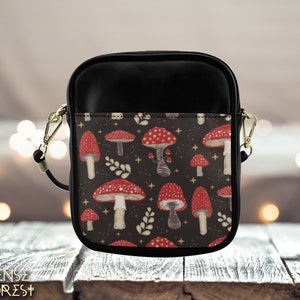Mini Black Vegan leather Sling bag, Magic mushroom forest witch small crossbody bag, Cute PU leather Goth mini phone bag, hippies boho gift
