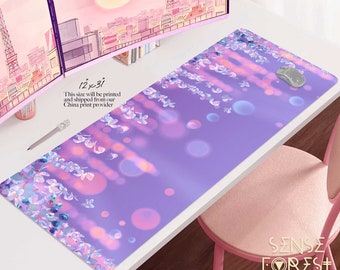 Kawaii purple wisteria Japanese Anime large desk mat, cute Lilac floral bokeh extended mouse pad, large gaming mouse pad RGB, ergonomic pad