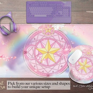 Kawaii Pink magic circle desk mat, Japanese Sakura cute witch Anime extended gaming larger mouse pad, Cherry blossom aesthetic gamer setup