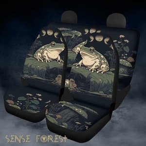 Dark Cottagecore green frog Car Seat Cover Set, Goblincore moon phase Front back seat cover, Car headrest interior decor, car accessories