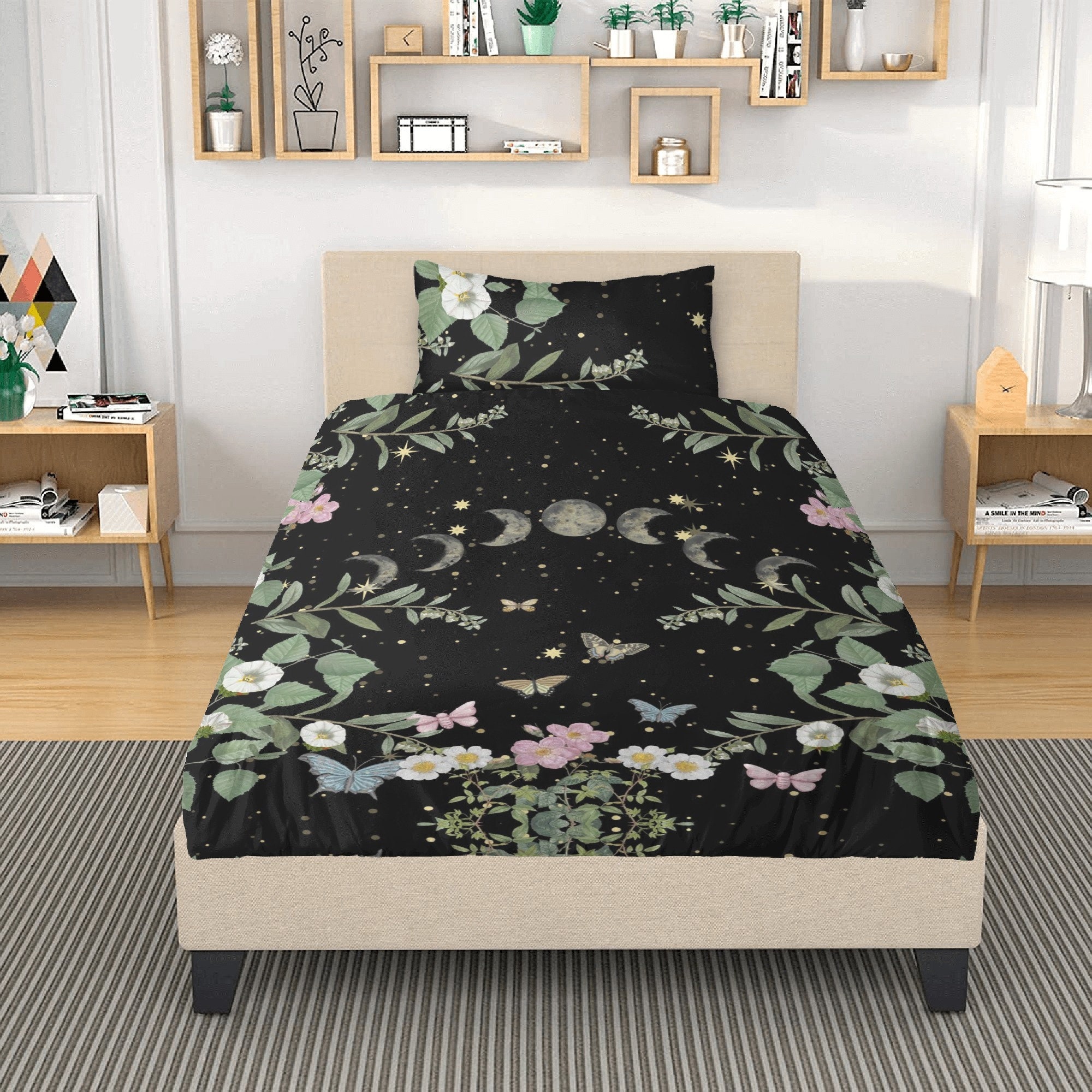 Earthy Leaves Flat Sheet, Woodland Boho Design Fall Themed Leaf Prints Cottagecore Art Soft Comfortable Top Sheet Decorative Bedding 1 Piece Twinxl Si