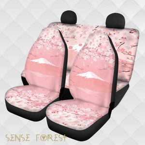 Kawaii Pink Japanese Mt Fuji Car Seat Covers, Cute Cherry Blossom Sakura Car Seat Cover for vehicle women car interior decor accessories Front & Back covers