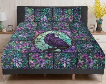 Vitrail violet foncé cottagecore corbeau 3 pièces de literie, décoration de chambre à coucher goth corbeau, ensemble de taies d'oreiller gothique housse de couette gothique amoureux des oiseaux