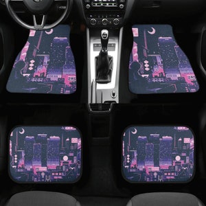 Kawaii Purple Japanese city Gamer Car floor Mat set, Pixel art Lo-Fi car interior decor, Japan art car accessories, Cute car mats for women