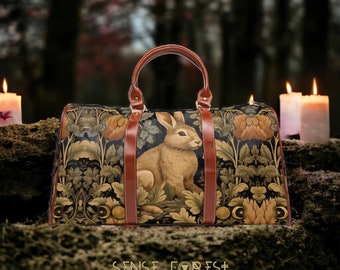 Maximalist Witchy floral rabbit Waterproof Travel Bag, Retro Cottagecore grandma large duffle bag with vegan shoulder strap leather handles