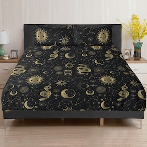 Dark Cottagecore Boho Snake Celestial 3 Pcs Beddings, Black Gold Witchy Sun Moon Star Whimsical bedroom decor duvet cover pillowcase set