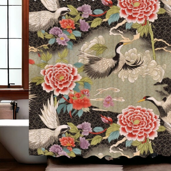 Chinoiserie Shower Curtain vintage bathroom decor crane birds shower curtains asian bathroom decor oriental home decor chinese japanese