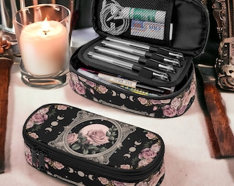 Cottagecore Large capacity artist Pencil Case, Moon rose Victorian makeup brush case, Crochet hook case small device gadgets organizer bag