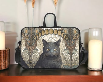 Housse pour ordinateur portable gothique victorien chat noir sorcière avec sangle et poignées, sac de transport rembourré avec pochette Macbook Pro lunatique bohème phase de lune