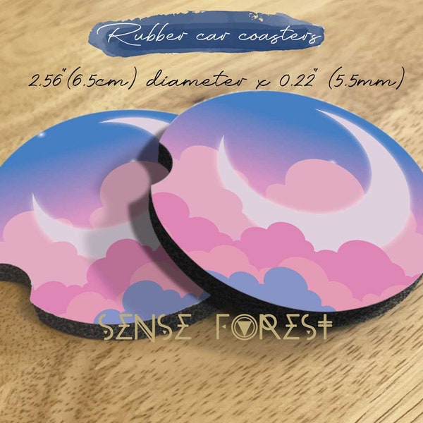 Pastel Sky Big Moon rubber car coasters, Cute cloud Soft coaster with divot, automotive coaster set, Kawaii  Pink car decor, car accessory