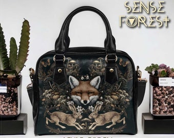 Borsa a mano per animali della foresta di funghi Cottagecore, borsa a tracolla a tracolla in pelle vegana Fox Hare boho, borsa a tracolla goth Bowling