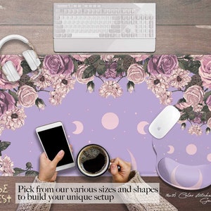 Purple rose Pastel moon desk mat cute, Cottagecore pink floral witchy large mouse pad gaming, Ergonomic wrist rest mousepad support kawaii