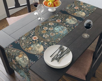 Maximalist Teal floral moon dinner table runner, Whimsy goth witchy boho theme Holiday home decor gift, Daisy flower Table Runner