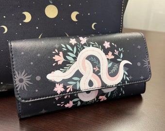 Boho Floral snake trifold wallet, cottagecore Cute Witch PU Leather wallet, Cute goth women Wallet organizer Long clutch wallet goth purse