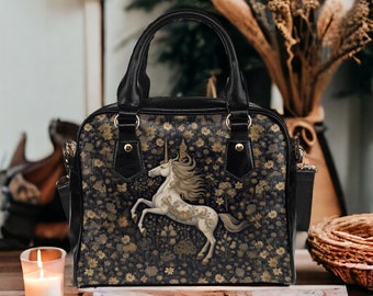Dark Cottagecore floral Unicorn bowler handbag, Whimsical brown wildflowers Vegan leather shoulder strap purse crossbody bag, Witchy gift