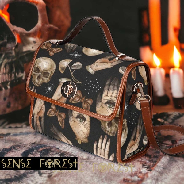 Witch hand eye skull  Canvas Satchel bag, Witchcraft crossbody purse, cute Goth vegan leather strap hand bag cottagecore, hippies boho gift