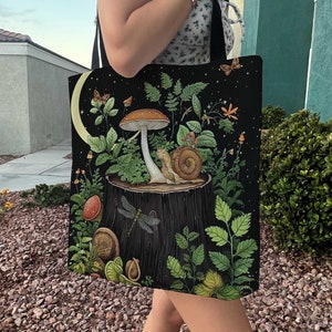 Goblincore Mushroom snail forest Tote Bag, Botanical green tote, Cottagecore tree stump nature Small medium large Polyester grocery bag