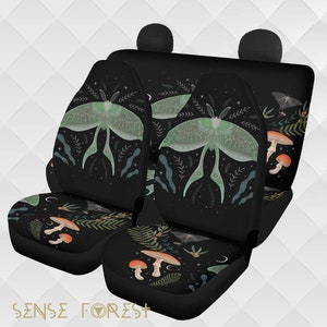 Witchy Luna moth Car Seat Cover Set, Black Mushroom Forest Moon phase seat cover protector, Boho Green Witch car interior decor accessories