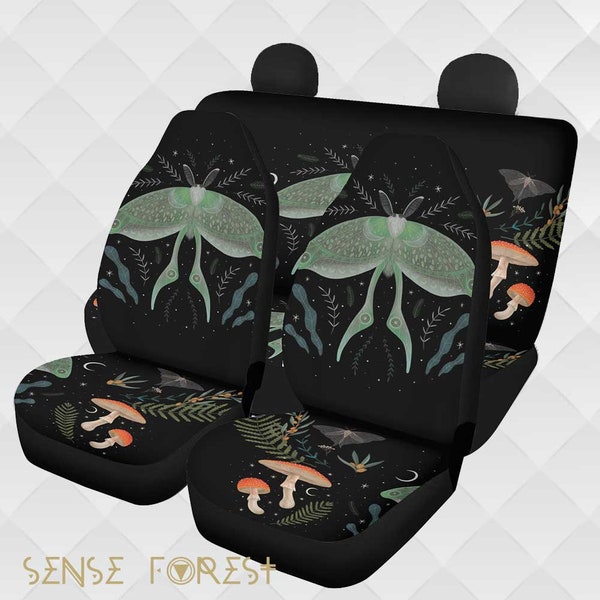 Ensemble de housse de siège auto Witchy Luna moth, protecteur de housse de siège de phase de lune de la forêt de champignons noirs, accessoires de décoration intérieure de voiture Boho Green Witch