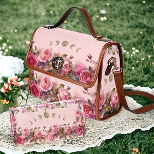 Cherry Pink Roses moon Canvas Satchel bag, French Pastel floral crossbody purse, Boho Victorian Vegan leather trim whimsy cottagecore bag