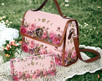 Cherry Pink Roses moon Canvas Satchel bag, French Pastel floral crossbody purse, Boho Victorian Vegan leather trim whimsy cottagecore bag