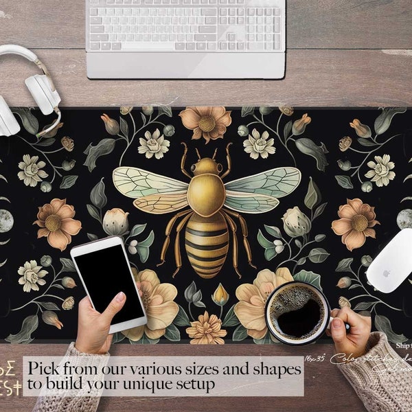 Boho Cottagecore honey bee PU leather desk mat, Botanical floral XXL  gaming mouse pad RGB, Nature moon phase Ergonomic mousepad wrist rest