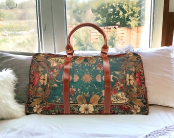 Maximalist Cottagecore floral Waterproof Travel Bag, Moon phase Vegan leather top handles large weekender with shoulder strap duffle bag