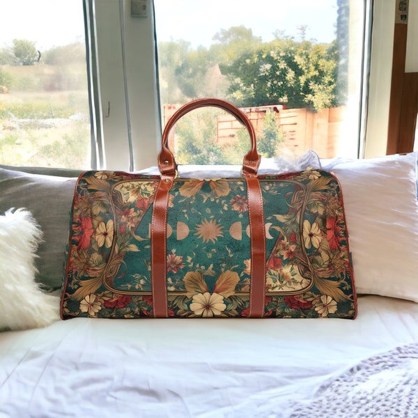 Maximalistcore Cottage Floral Wasserdichte Reisetasche, Mondphase Vegan Leder Top Griffe große Weekender mit Schultergurt Duffle Bag