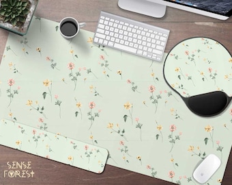Cottagecore Mint Green wild flower desk mat cute,Boho Floral Extended gaming desk mat,  keyboard wrist rest Ergonomic mouse pad desk pad