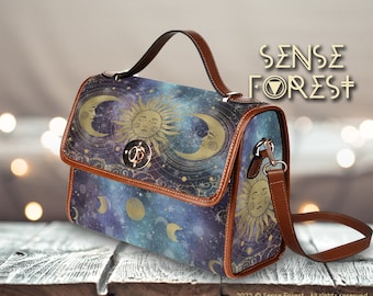 Astrology Sun Moon Canvas Satchel messenger bag, Celestial Witchy women boho crossbody bag, moon phase handbag goth purse, hippies boho gift