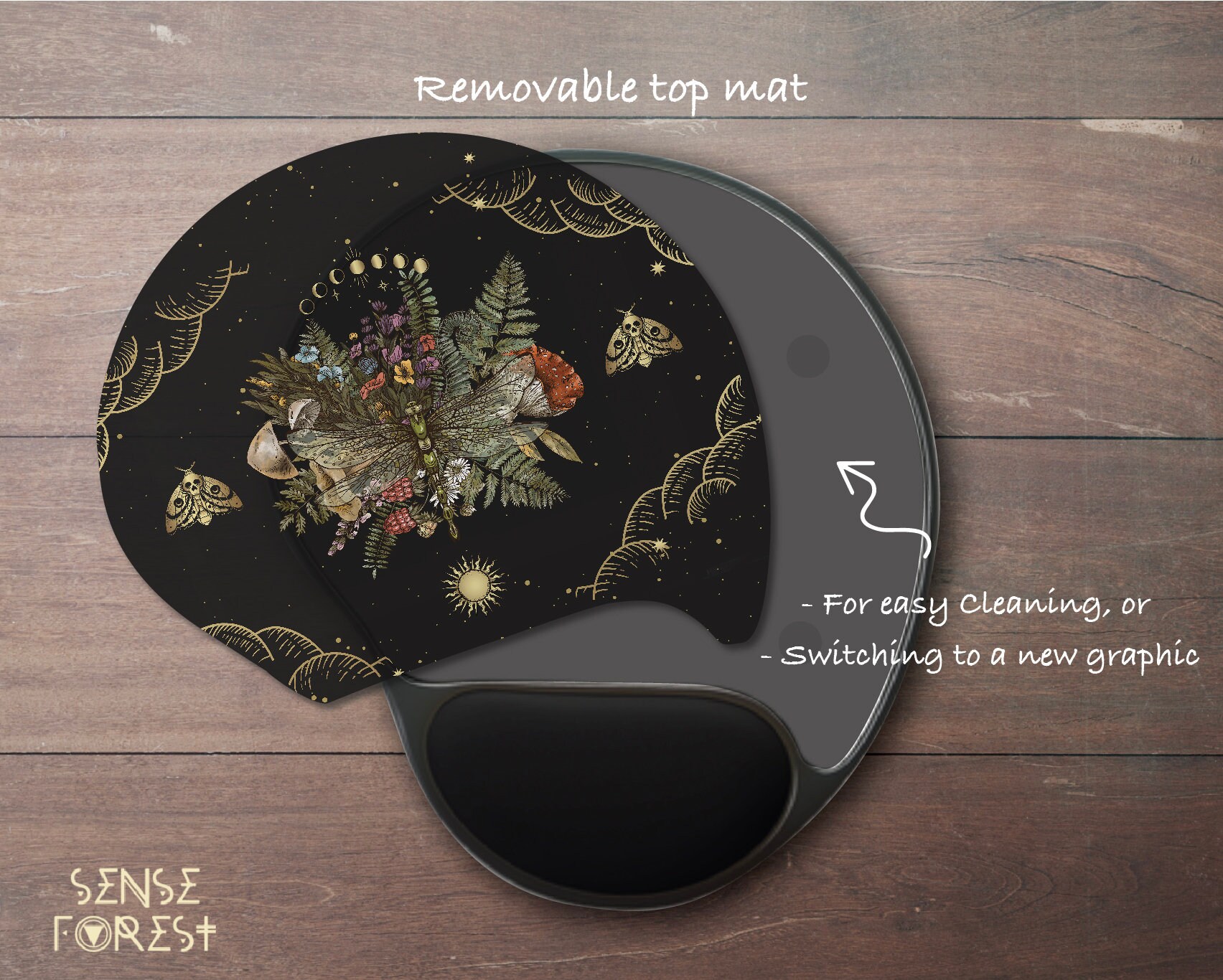 Dragonfly Moon Phase Ergonomic Gel Pad Mouse Pad, Forest Witch Mouse Mat,  Nature Mouse Pad With Wrist Rest, Mushroom Mouse Pad, Keyboard Pad 