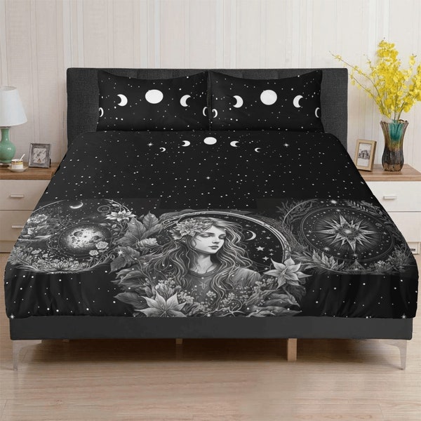 Dark Cottagecore Wicca Celestial 3 Pcs Beddings, Witchy Starry night bedroom decor, Moon phase nature lover duvet cover pillowcase set