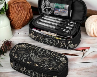 Dark cottagecore animal skeleton bones artist Pencil Case, makeup brush case, Witchy boho crochet hook case small device gadgets organizer