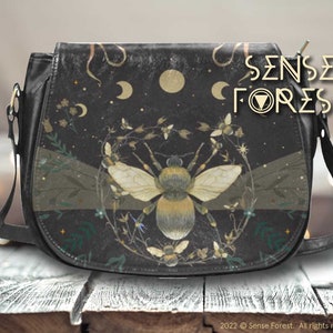 Boho Moon Forest witch Black Vegan leather saddle bag, women Queen Bee crossbody purse, cute PU leather handbag goth bag, hippies boho gift