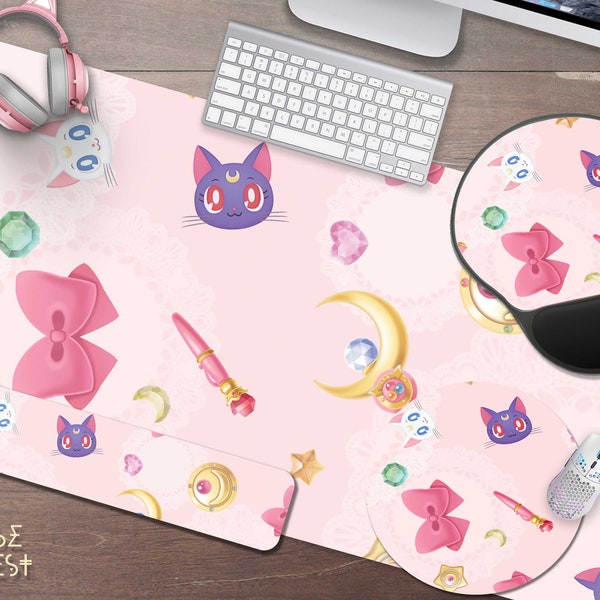 Kawaii Pink Luna Artemis cat moon wand desk mat, Cute 90s Japanese Anime magic girl large gaming mouse pad, gamer girl aesthetic desk setup