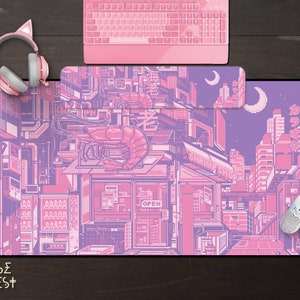 Japanese Anime Gaming Mouse pad, Neon Pink city Manga Vtuber Kawaii desk mat XXL, Cute gamer extended mousepad wrist rest pad