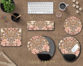 Cottagecore Pink Gold floral mouse pad, Cute Victorian botanical round mousepad, Soft keyboard wrist rest, wrist support, desk accessories