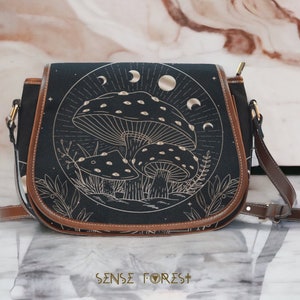 Retro Hippies Moon mushroom Cute Canvas saddle bag, Cottagecore Forest witch Nylon small large crossbody bag, Vegan leather trims Cute purse