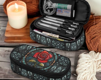 Medieval Gothic stained glass rose art Large capacity artist Pencil Case, Goth makeup brush case, Crochet hook case small gadgets organizer