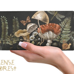 Ferns Magic mushroom trifold wallet, Boho Cute green Witch PU Leather wallet, Cute goth women Wallet organizer Long clutch wallet goth purse image 5