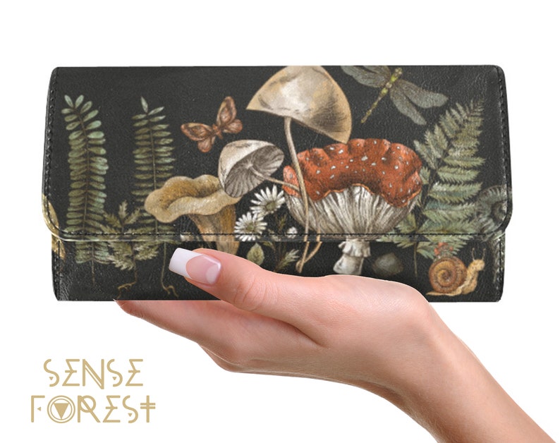 Ferns Magic mushroom trifold wallet, Boho Cute green Witch PU Leather wallet, Cute goth women Wallet organizer Long clutch wallet goth purse image 5