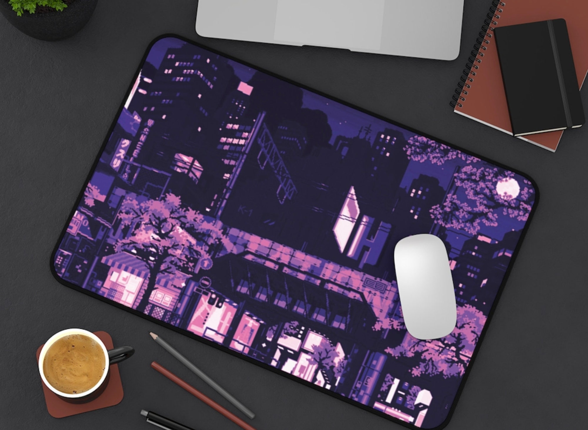 Purple Tokyo Desk Mat xxl, Japanese Street Mousepad, SAKURA Retro 90s Anime aesthetics