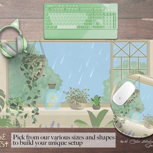 Cute Desk mat Kawaii Mousepad, Rainy day Anime plants lover deskmat xl, Japanese lo-fi drawing, Pastel beige brown and green mouse pad