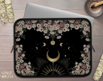 Étui pour ordinateur portable sorcière occulte noir, roses pâles, phase de lune, cottagecore, housse pour ordinateur portable bohème, housse pour ordinateur portable, étui de voyage rembourré pour tablette Ipad